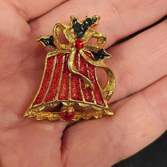 Jewelry - Christmas Bell Holly Brooch Pin Gold Tone Enamel Red Green Granny Core Jewelry